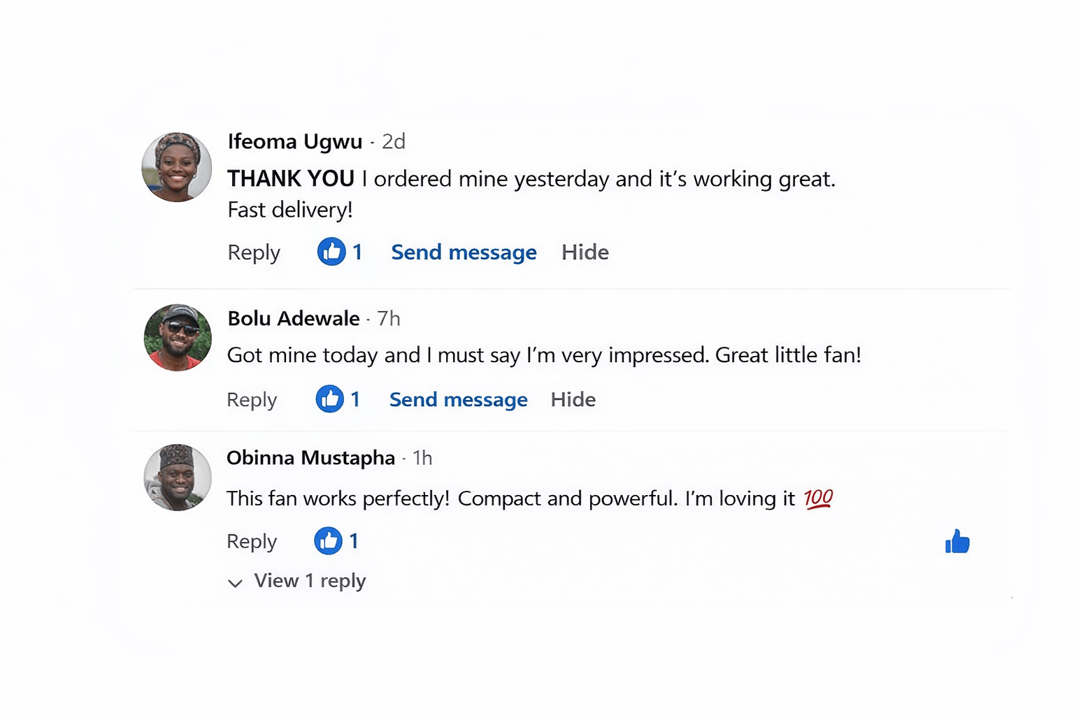 Customer comments about receiving the fan and its airflow