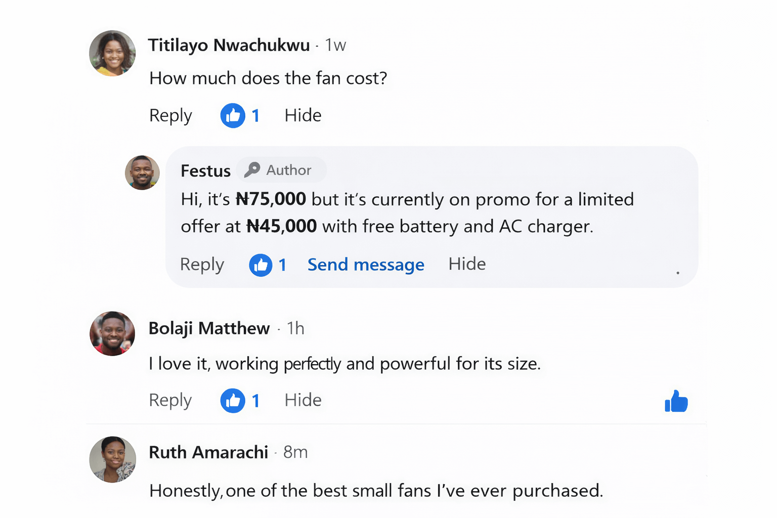 Customer comments about the fan's price and performance