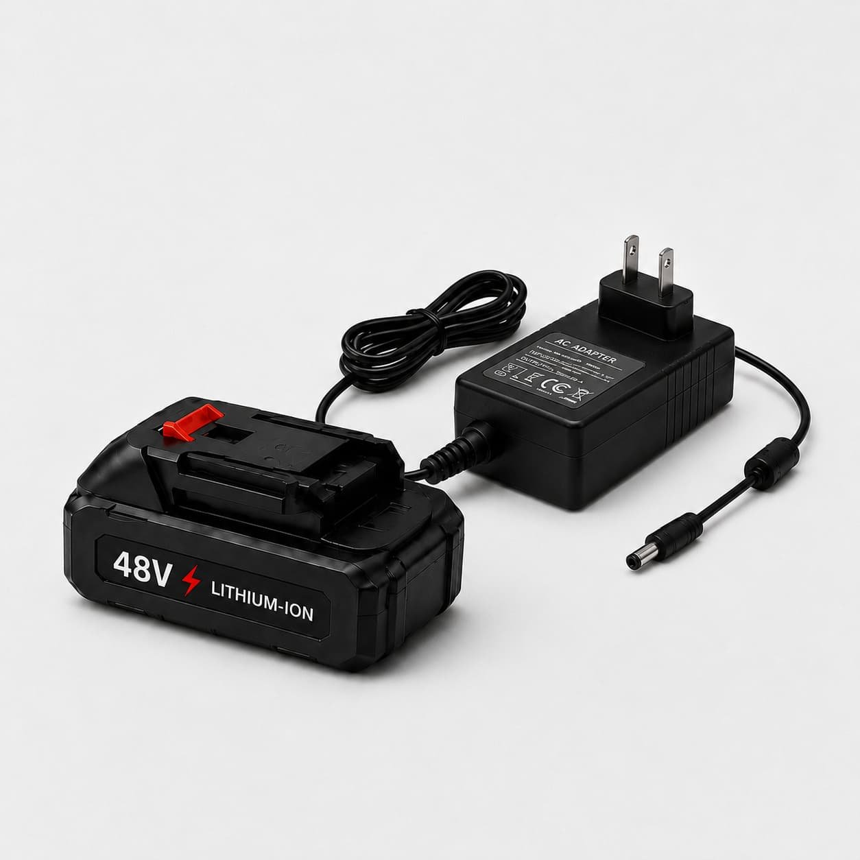 48V lithium battery beside its AC charger