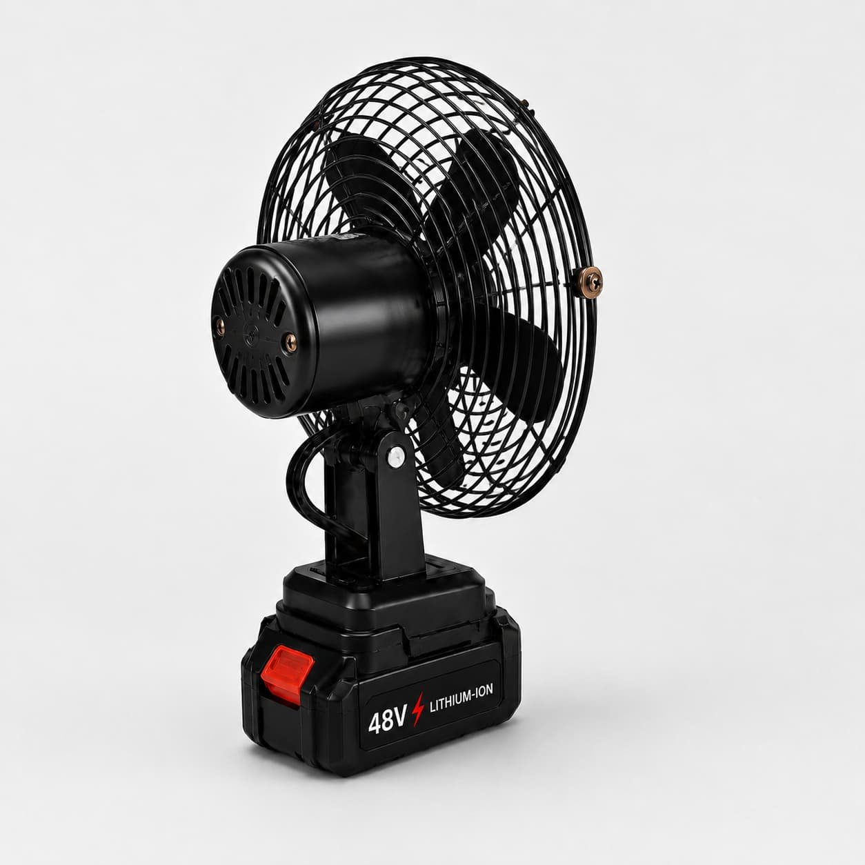 Rear view showing the metal fan cage and adjustable support
